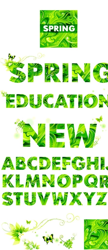 清新 绿色 春日 主题 英文 字母 矢量 春季 春天 花纹 艺术字 英文字母 蝴蝶 小鸟 植物 海报 字体 艺术 字