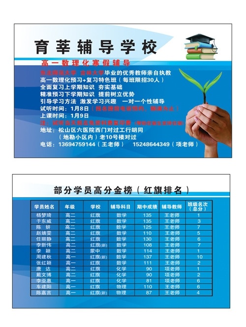 辅导班 名片 模版 手 课本 蓝色名片背景 名片设计 绿叶 名片素材 名片卡片 广告设计模板 源文件
