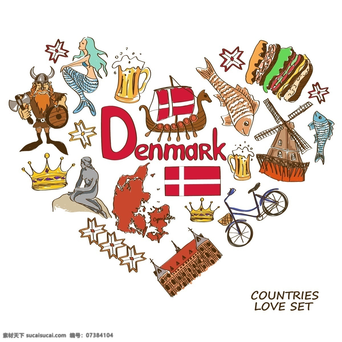 丹麦国家元素 丹麦 国家元素 国家象征 手绘 矢量 设计素材库 文化艺术 绘画书法