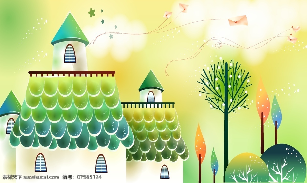 白云 底纹背景 儿童画 房子 风景插画 卡通风景插画 卡通画 绿色底纹 卡通 风景 插画 矢量 模板下载 矢量图库 自然景观 自然风景 房屋建筑 景观 漫画 夏日景色 树木 植物 插画集