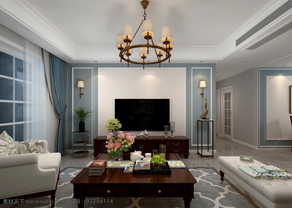 美式 客厅 效果图 美式风格 欧式 电视背景墙 家具 灯具 3d设计 3d作品