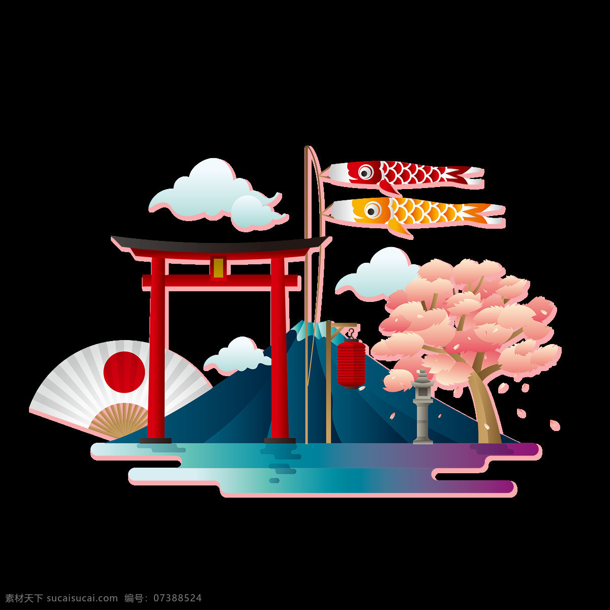 卡通 日本 富士山 元素 png元素 浪漫 旅游 免抠元素 透明素材 樱花