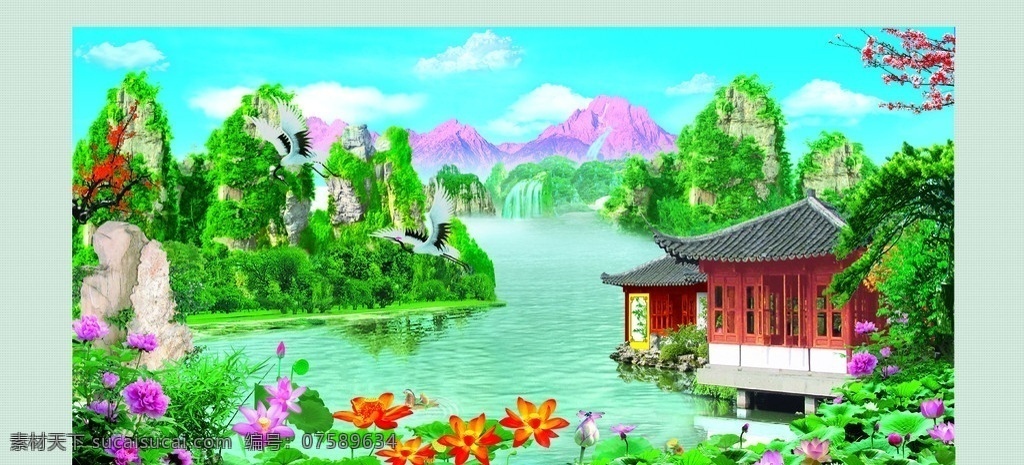 山水风景画 山水风景 风景 花草 亭子 自然景观 自然风光 海岛 蓝色 小船 风光 仙鹤 迎客松 蝴蝶 竹子 游人 蓝天白云 小岛 山水画 风景画 荷花 牡丹花 psd素材 分层 风景类 源文件