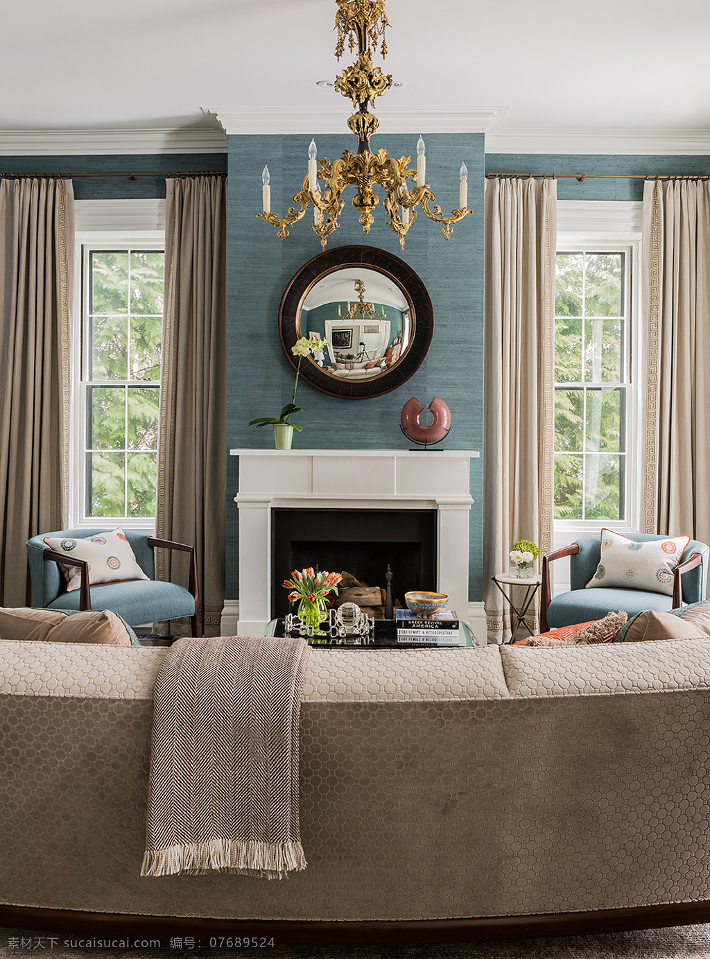 客厅 壁炉 装修 效果图 窗户 窗帘 单人沙发 吊灯 蓝色背景墙 沙发 凸面镜