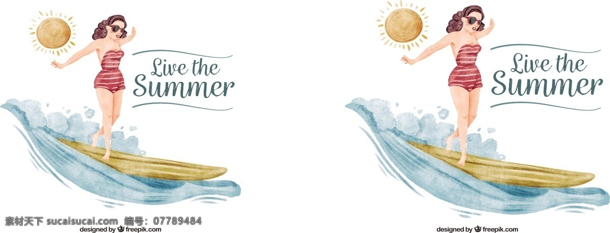 销 女孩 冲浪板 水彩 背景 夏天 大海 沙滩 阳光 水彩画的背景 报价 度假 消息 夏天的海滩 季节 阳光充足 夏季