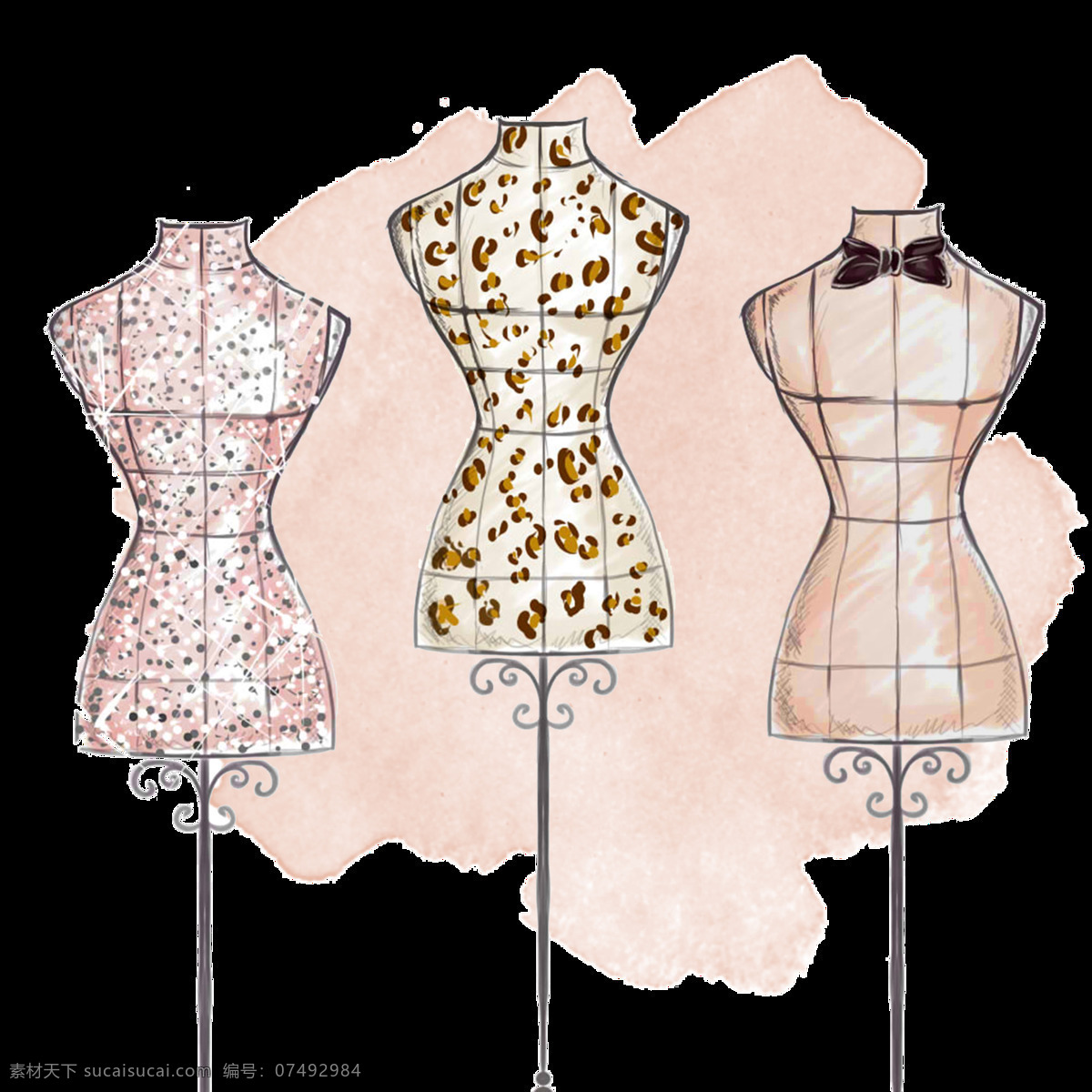 手绘 三 件 量身定做 连衣裙 透明 包围 粉红色 蝴蝶结 免扣素材 模特 水彩 透明素材 圆点 装饰图案