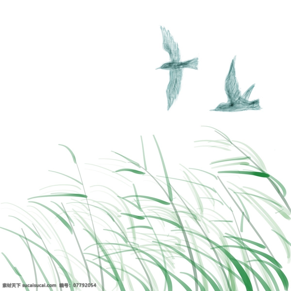 水草 飞鸟 手绘 场景 草丛 清新 春夏 蓝绿调 森系 植物 浪漫