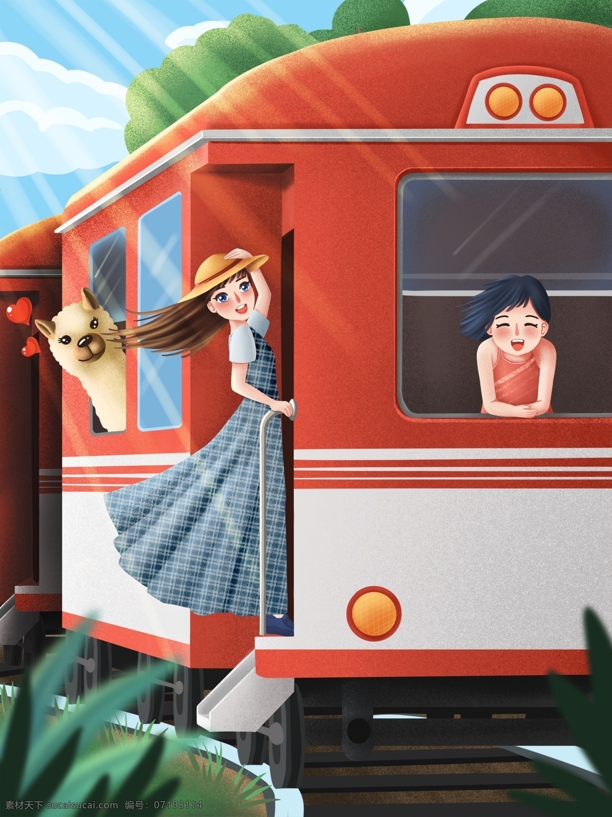 春日 坐 着火 车 去 旅行 原创 插画 旅游 出行 火车 女孩 红色火车 春天 阳光 小清新