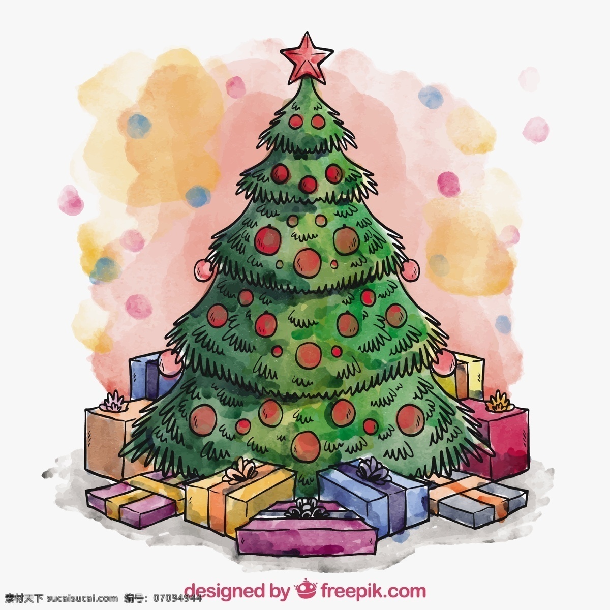 手绘 圣诞树 礼物 水彩 一方面 新的一年 快乐的礼物 新的一年里 雪 圣诞快乐 冬天 油漆 快乐 红色的 圣诞节 庆祝 新的节日 目前 年 白色