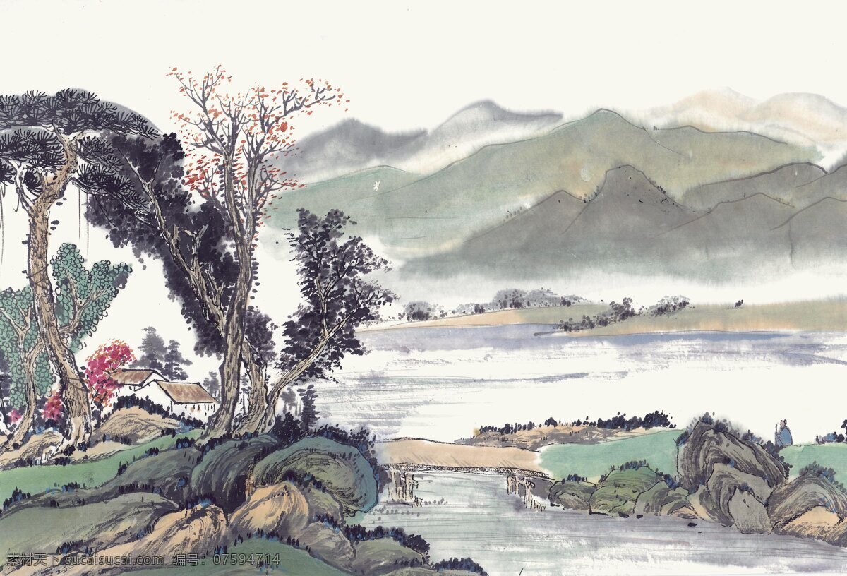 春山雨后 小桥流水 远景 高清中国画 艺术品收藏 书法 笔墨 写意山水 中国山水画 绘画书法 文化艺术