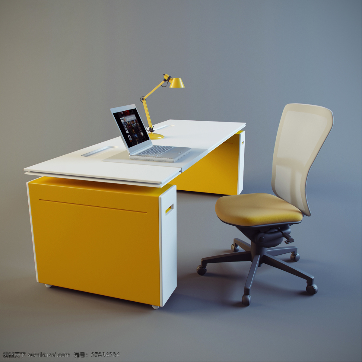 简约 清新 风 书桌 3d 模型 黄色 台灯 电脑 椅子 3d模型 白色 3d渲染 模型素材