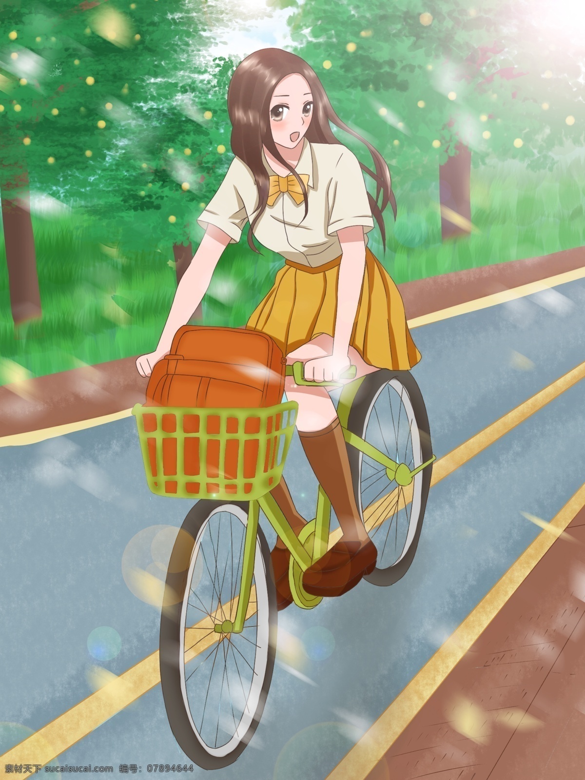 原创 手绘 插画 青年节 女孩 林荫 大道 骑 自行车 原创手绘插画 林荫大道 骑自行车
