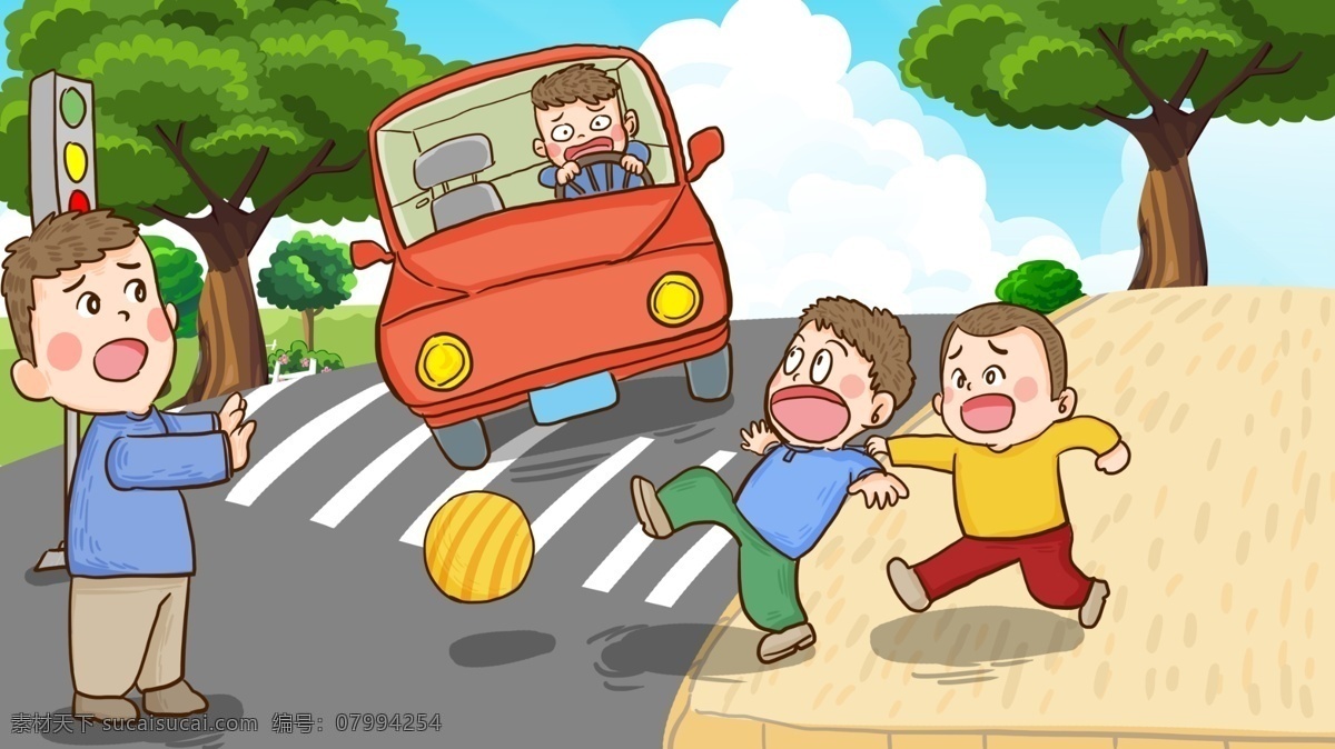 全国 交通 安 全日 禁止 马路 玩耍 手绘 原创 插画 小孩子 汽车 安全日 斑马线 阻止 皮球 过马路