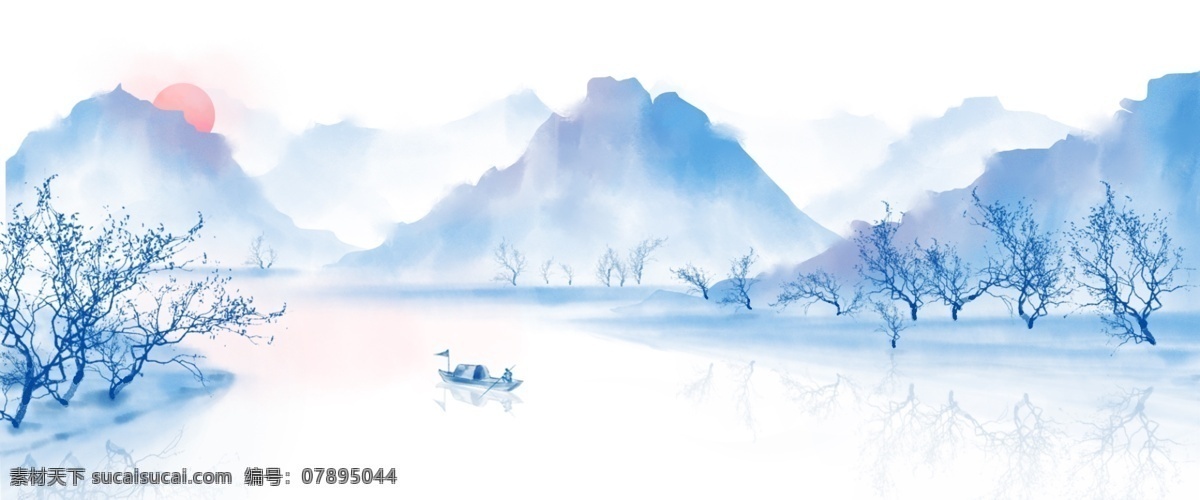 中国 风 手绘 水墨 风景 山水画 中国风 水墨画 山水 插画 水墨风景 中国风山水 山河 船