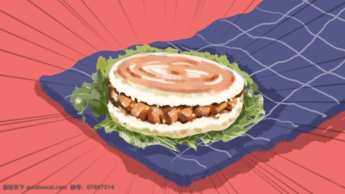 西安 美食 肉 夹 馍 肉夹馍 插画 背景 桌面 壁纸 西安美食 水彩 油画 配图 风俗
