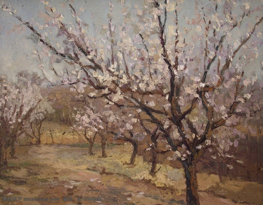 乡风 美术 油画 风景画 乡野 果林 桃林 桃花 油画艺术 油画作品40 绘画书法 文化艺术