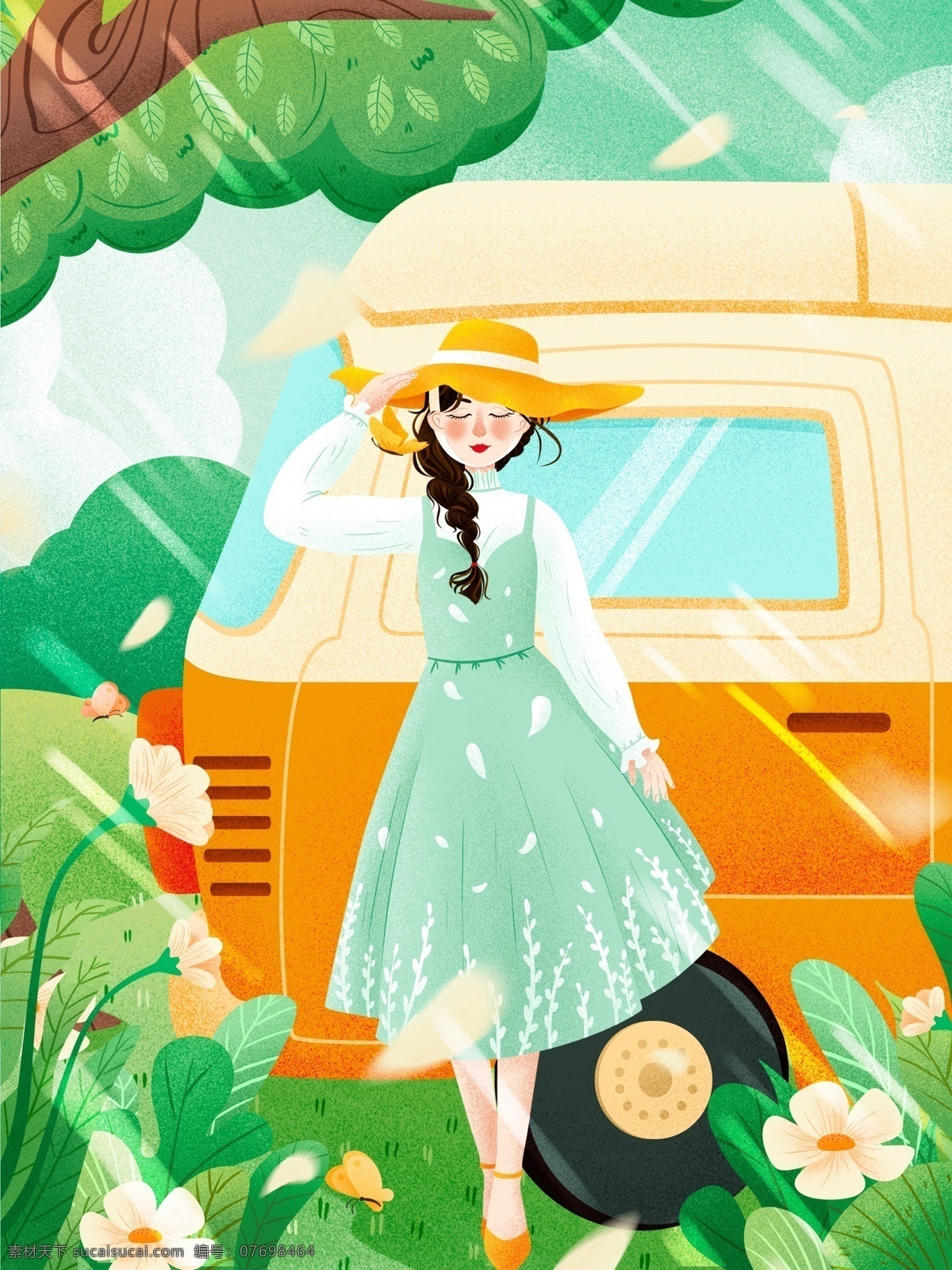 清新 旅行 记 车 前站 女孩 插画 旅游 花朵 蓝天白云 汽车 美女 唯美 旅行记 郊游 踏青 树枝 植物 手绘人物 阳光