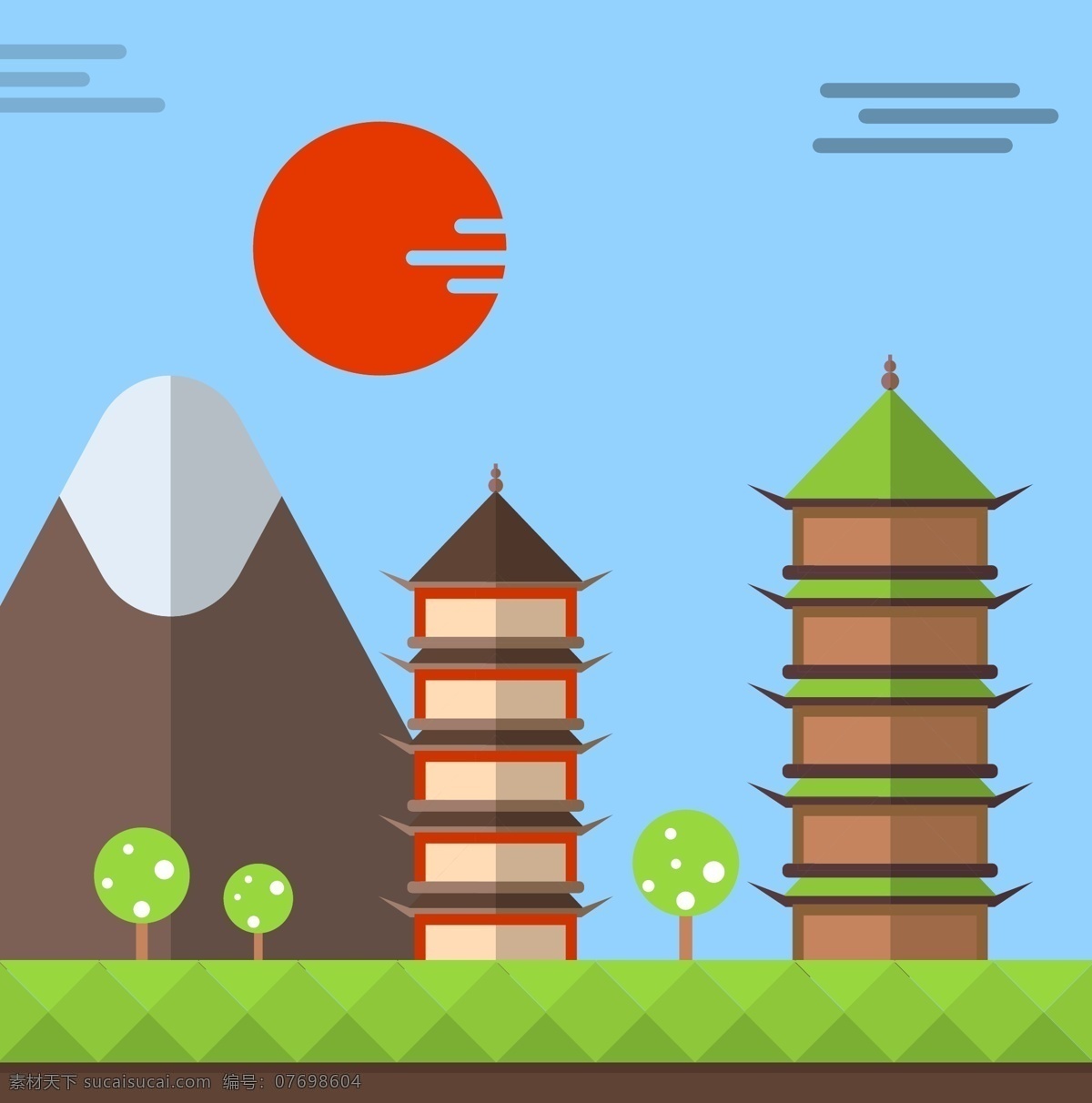 原创 中国 传统 古建筑 宝塔 双塔寺 插画 建筑 塔