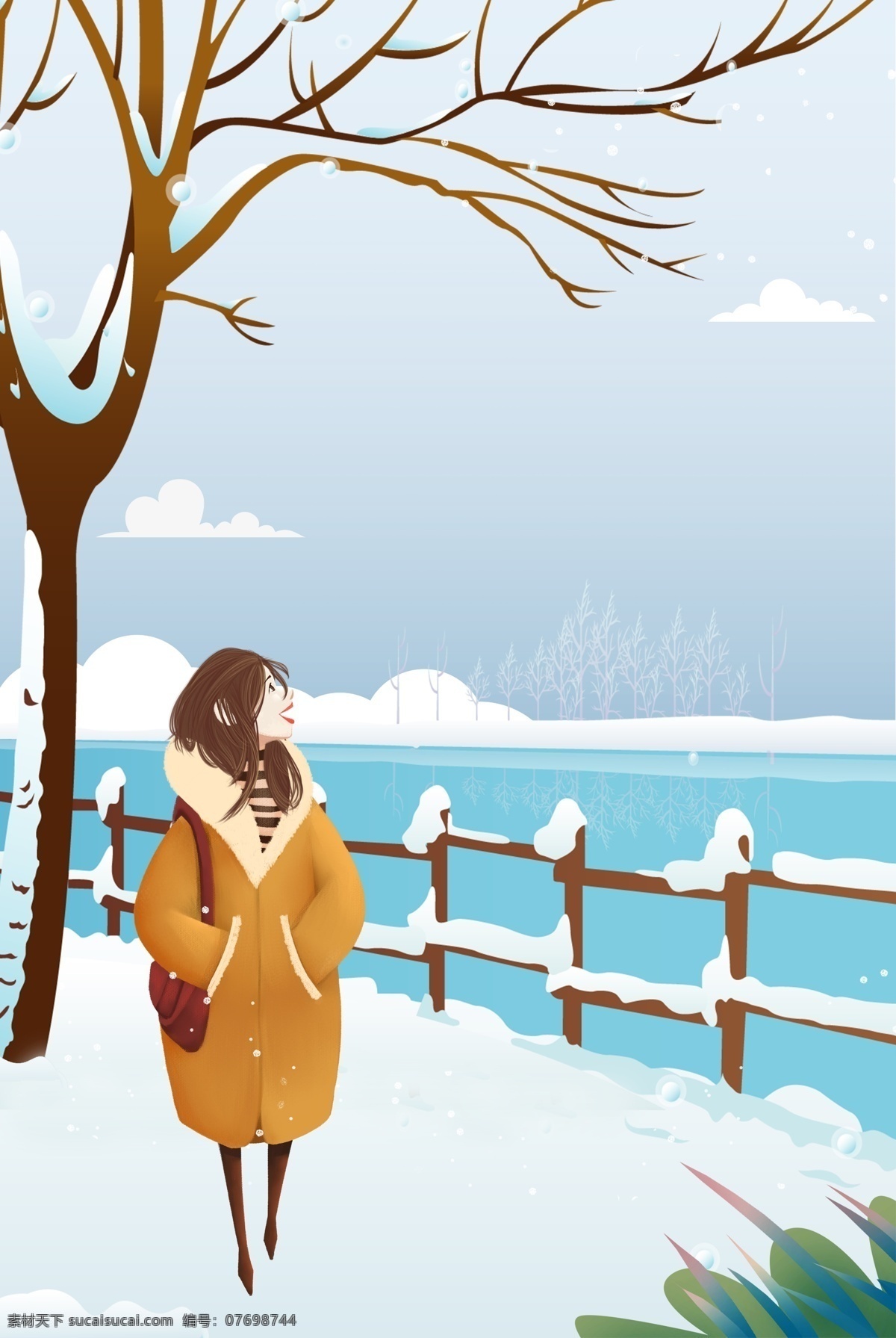 月 你好 赏 雪 女孩 海报 12月你好 十二月你好 冬季 冬天 清新 雪景 赏雪 围栏 湖面