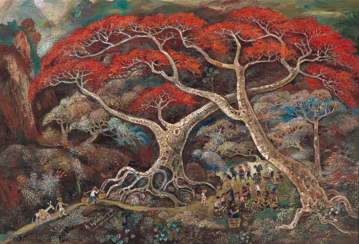 艳丽的大树 维达雅作品 印度尼西亚 画家 山中小集 人们 买卖 现代油画 油画 文化艺术 绘画书法