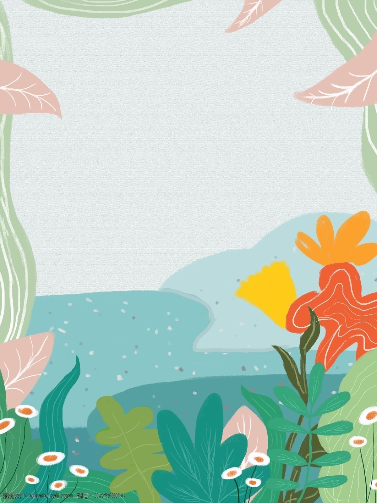 创意 彩色 花卉 背景 树叶 叶子 广告背景 背景素材 手绘背景 插画背景 psd背景 背景展板