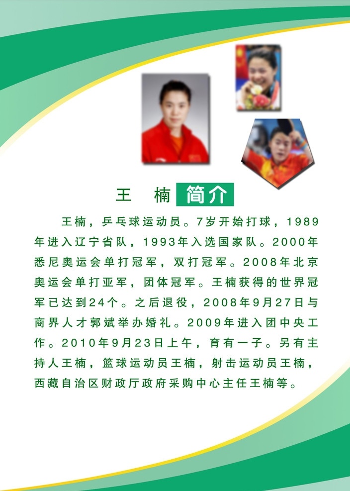 乒乓球 运动员 王楠 简介 王楠个人资料 王楠照片 打乒乓球图片 获奖图片 绿条 黄条 浅绿条 分层 源文件