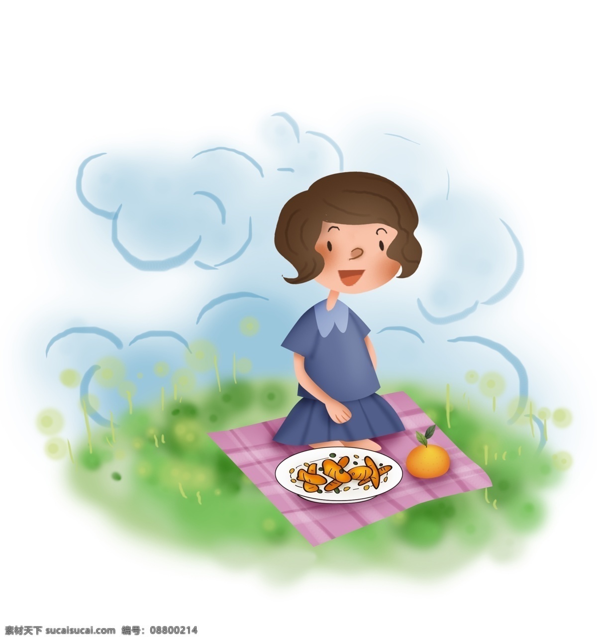 春天 手绘 春游 野餐 女孩 夏天 幼儿园 公园 游戏 儿童 草地 树林 郊外 绿色 插画 女生 食物