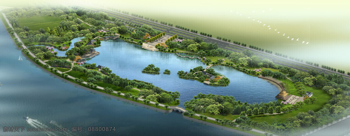 美丽 树 湖水 绿色 岛屿 船 快艇 绿化景色 建筑设计 环境家居