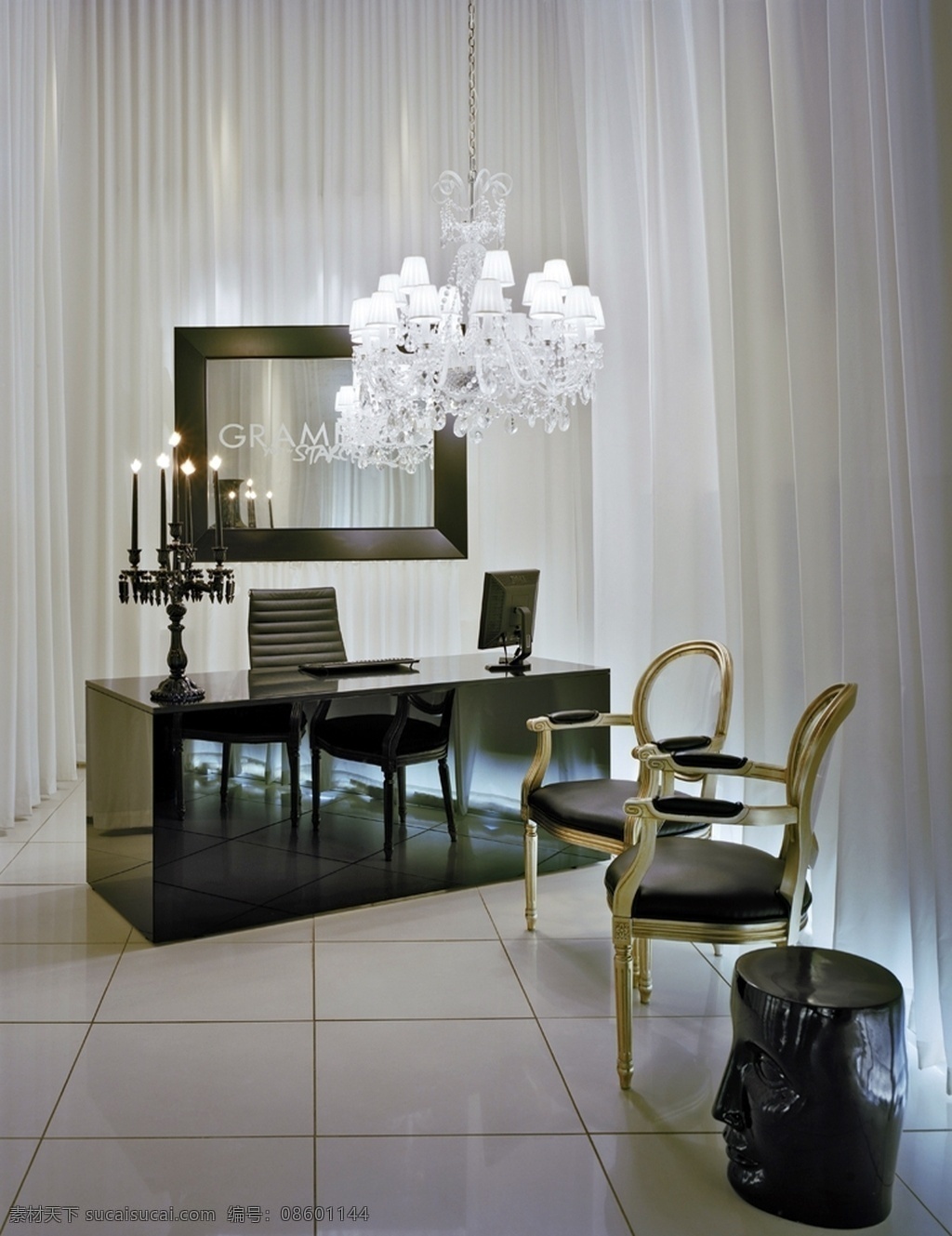 别墅 室内 书房 现代 潮流 吊灯 窗帘 装修 效果图 立体空间 白色主体 黑色书桌 创意蜡烛灯 头像座椅