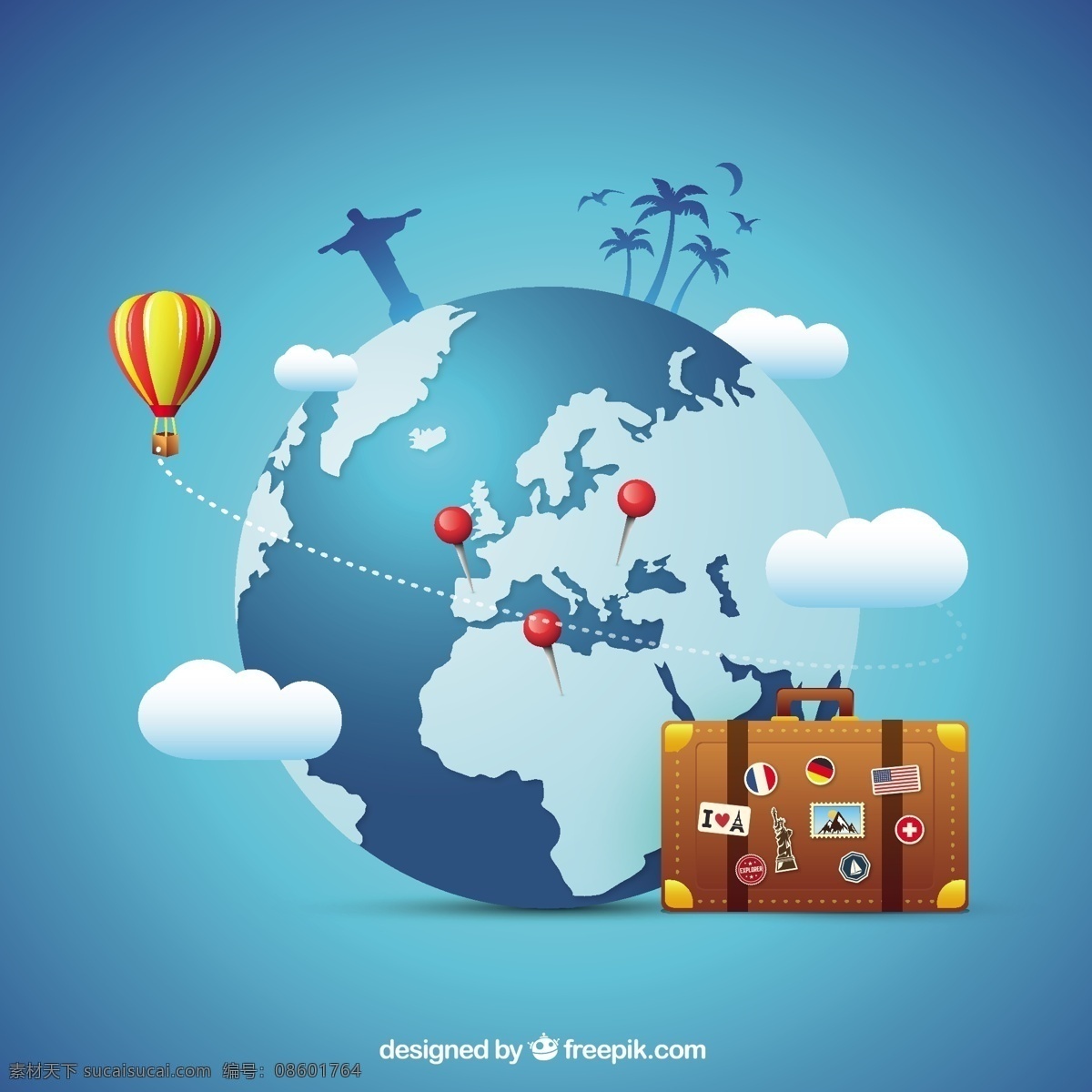 旅游 概念 背景 世界 地球 气球 热气球 度假 旅行 世界各地 假日 航空气球 纪念碑 青色 天蓝色