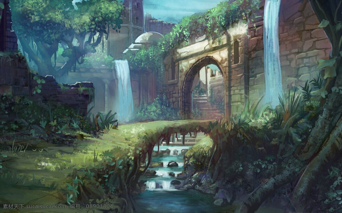 壁纸 插画 动漫动画 风景漫画 高清壁纸 幻想 绘画 瀑布 唯美 风景 设计素材 模板下载 唯美风景 树木 数字绘画 艺术 板绘 手绘 插画集