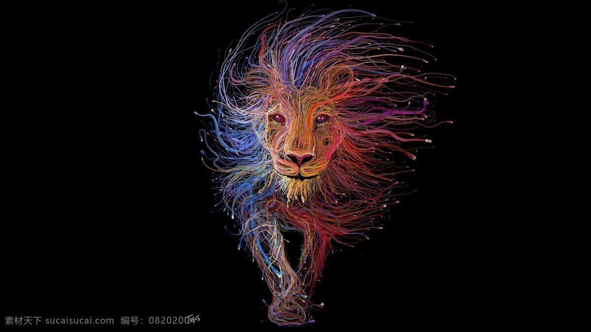 幻彩狮子 狮子 黑背景 纹理 梦幻狮子 素材图 底纹边框 背景底纹