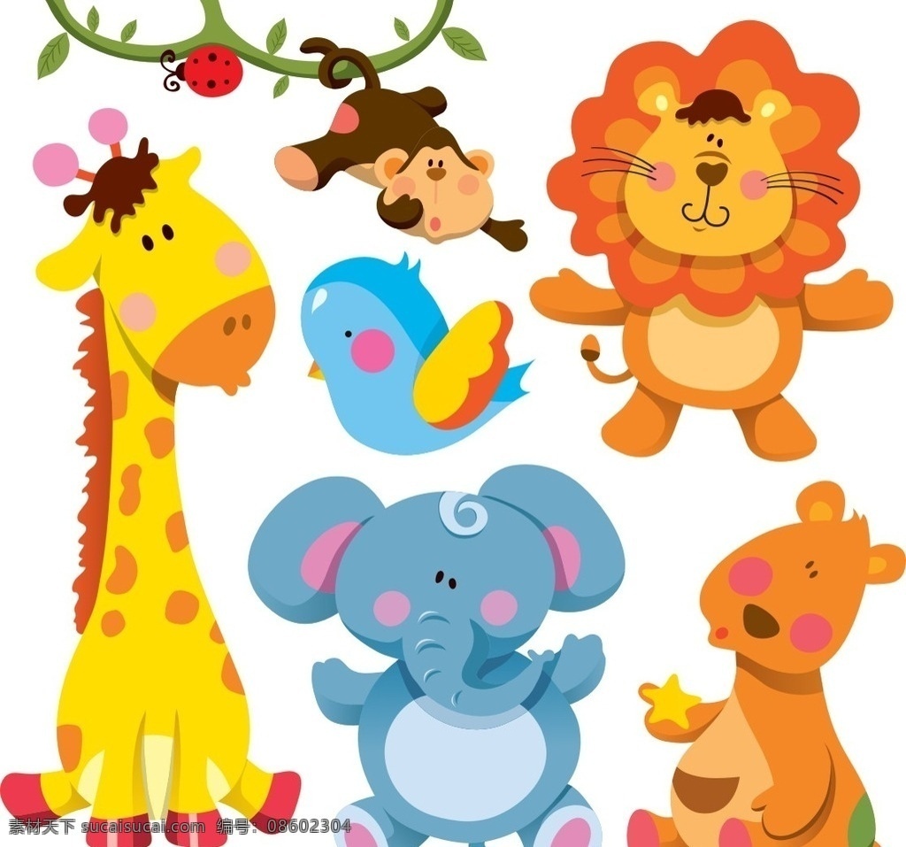 可爱卡通动物 瓢虫 树枝 猴子 狮子 大象 鸟 长颈鹿 袋鼠 星星 野生动物 可爱卡通 幼儿园素材 卡通素材 卡通设计