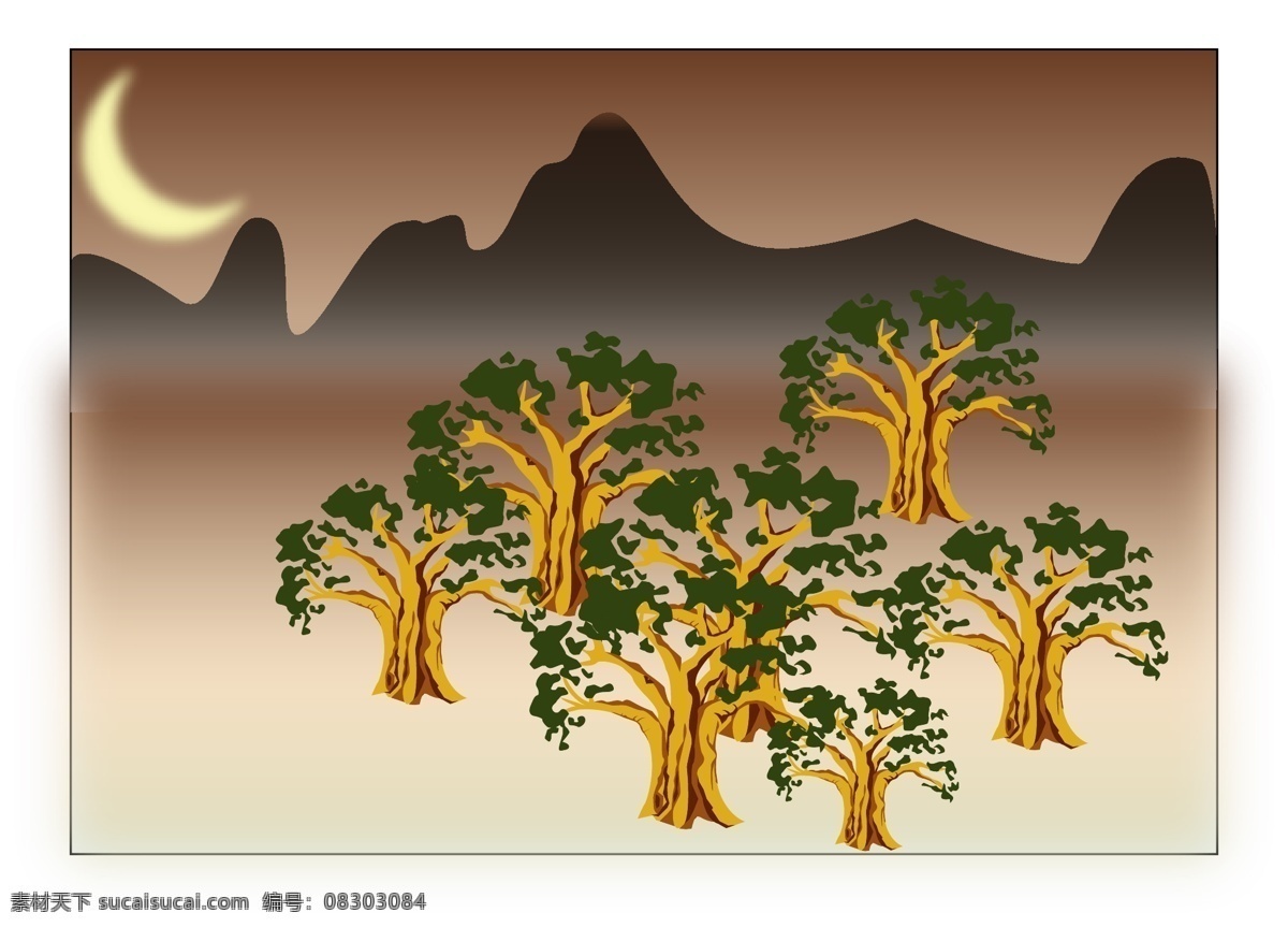 山 矢量图 树木 夜晚 源文件 月亮 自然景色 夜色 风景画 矢量 模板下载 夜色风景画 家居装饰素材 山水风景画