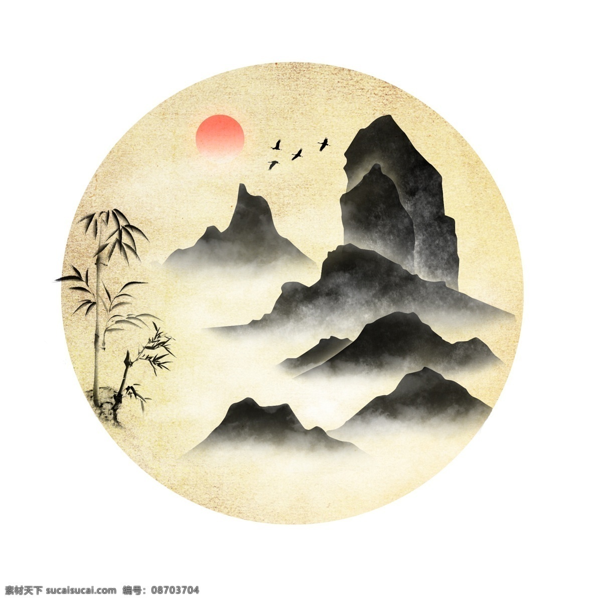 黑色 优美 古风 水墨 山 商用 元素 太阳 竹 飞鸟