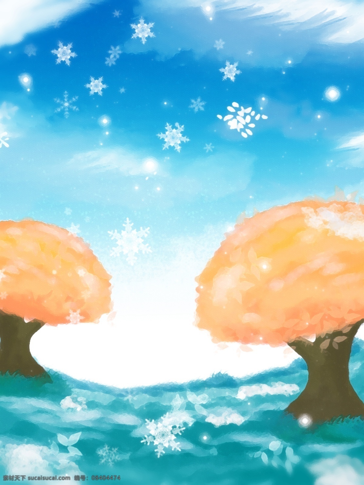 纯 原创 手绘 风景 冬天 雪花 背景 雪花背景 雪地 蓝色背景 手绘背景 纯原创 树