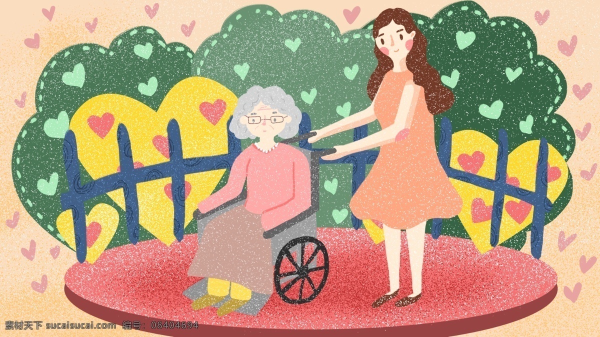 关爱 老人 照顾 坐 轮椅 女孩 插图 敬爱 呵护 保护 尊重 敬重 父母 时间 肌理颗粒 配图 公众号配图