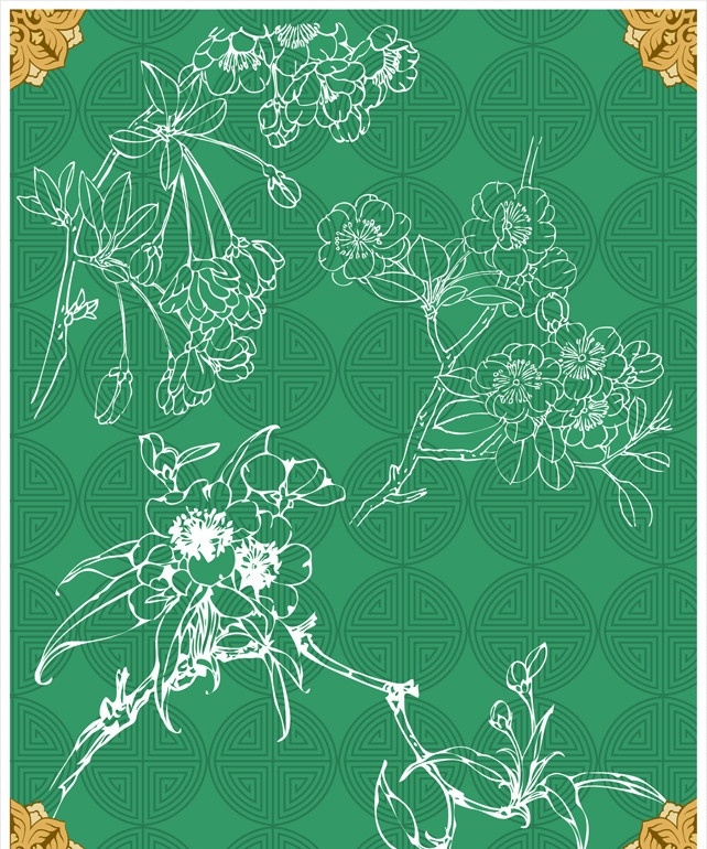 花朵图案素材 白描花朵 花苞 花朵 樱花 桃花 线稿 手绘 底纹 花线描 线描 背景素材 背景图案 角隅纹样 矢量 设计素材 线描矢量素材 花纹花边 底纹边框