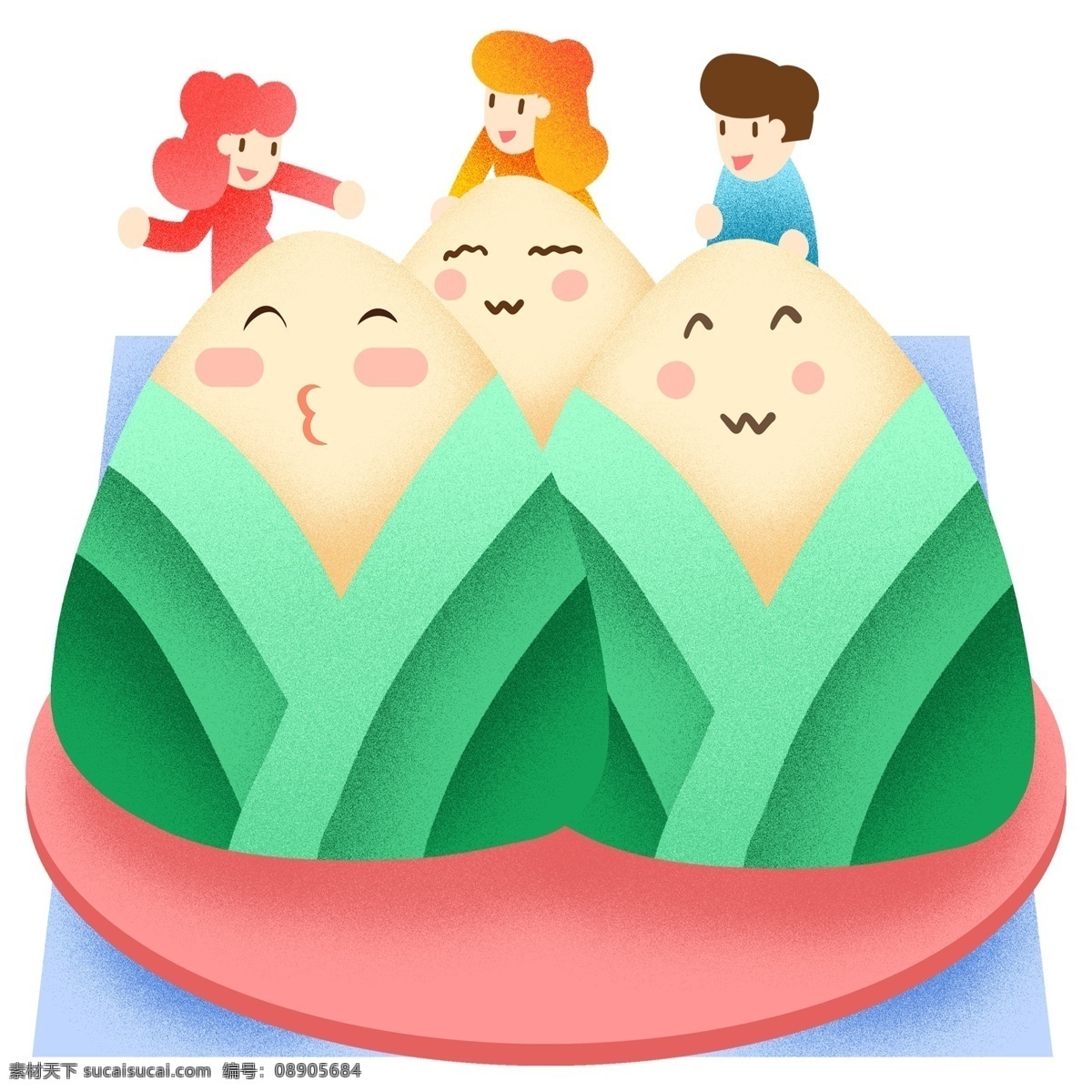 端午节 可爱 拟人 粽子 插画 q版粽子 绿色 粽叶 端午 习俗 美食 食物 糯米 男孩女孩 免扣png