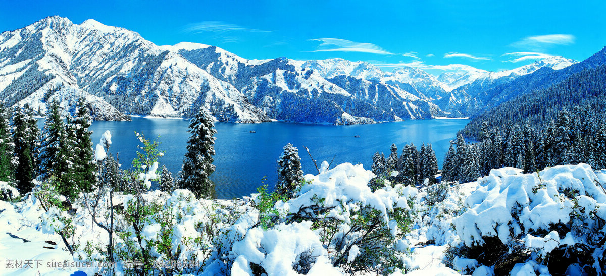 冬天 景区 风光 素材图片 冬季 雪山 雪 松树 湖水 自然风光 景观 休闲 旅游 山水风景 风景图片