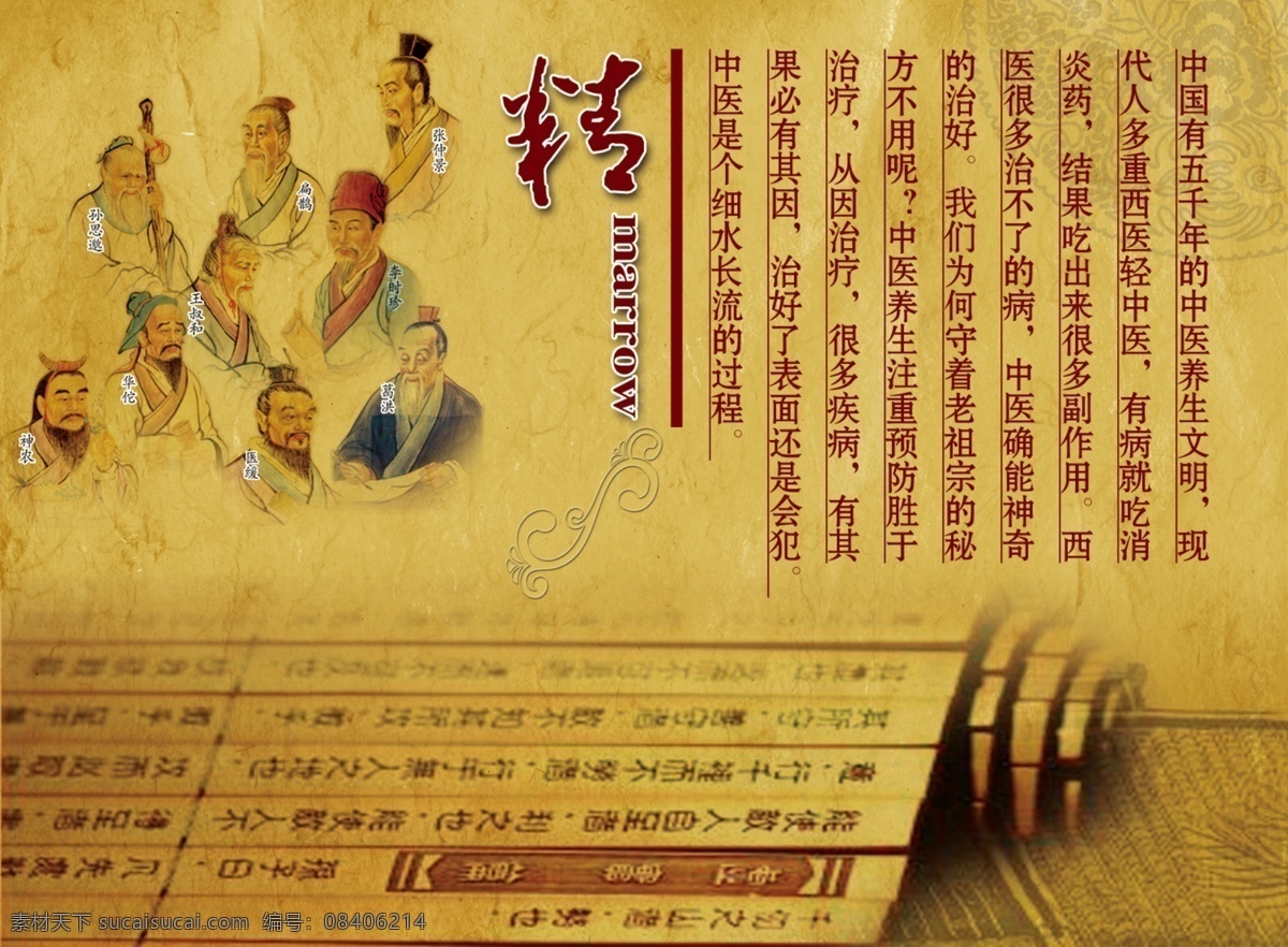 中医 医书 竹简 古代医术名人 花纹 纸张背景 展板模板 广告设计模板 源文件
