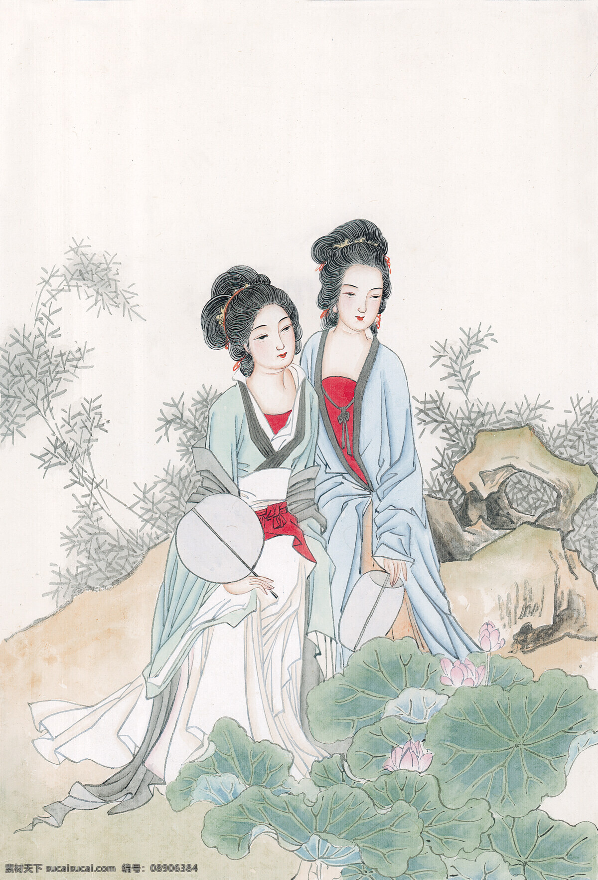 仕女 赏 荷 仕女赏荷 高清古画 古画素材下载 古画 仕女赏荷古画 装饰素材 室内装饰用图