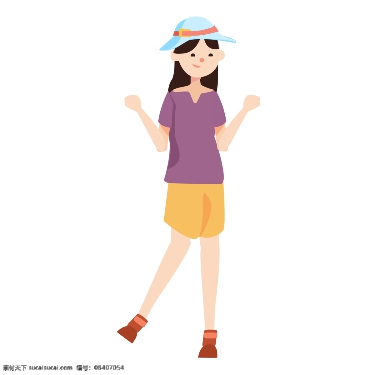 小女孩 紫色 上衣 手绘 休闲度假 欢快 动作 草帽 透明 背景 紫色上衣 黄色短裤 欢快动作 透明背景 双手举起