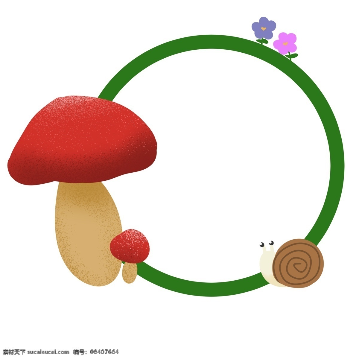 绿色植物 蔬菜 边框 插图 红色蘑菇 白色蜗牛 棕色外壳 粉色花瓣 紫色花瓣 绿色边框 卡通边框