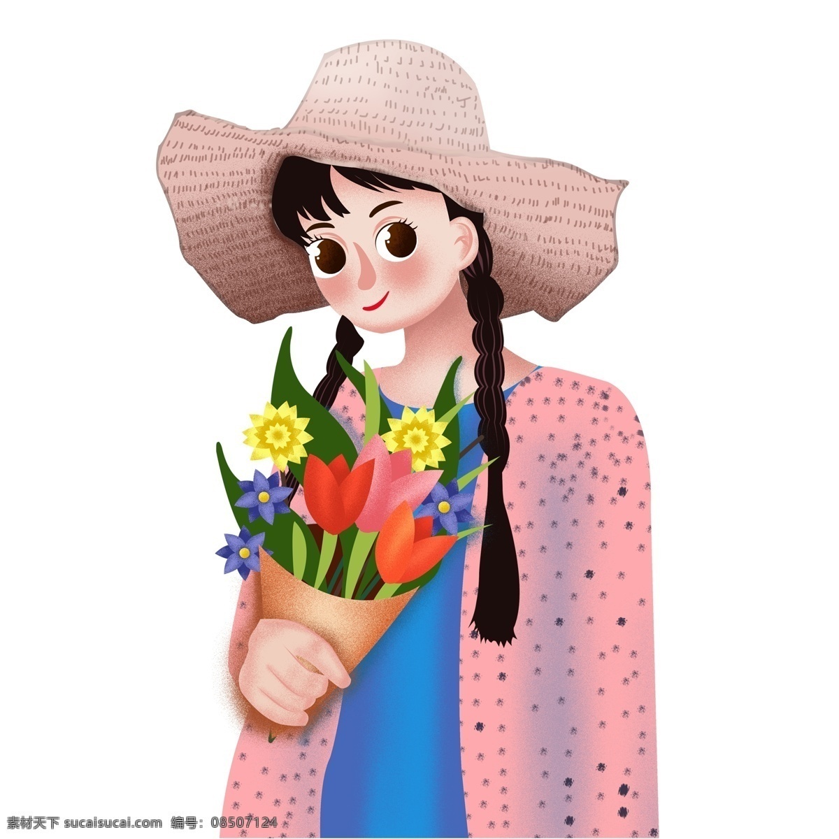 三 八 女王 节 捧 花 文艺 女孩 人物 插画 唯美 手绘 三八 38妇女节 女生 捧花 女神
