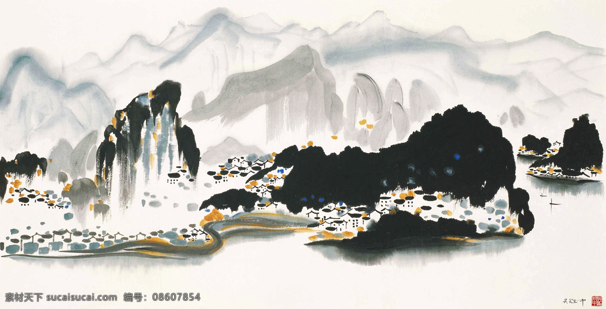 山水吴冠中 吴冠中 国画 江南 水乡 水村 静谧 山水 风景 写意 水墨画 中国画 绘画书法 文化艺术 国画吴冠中