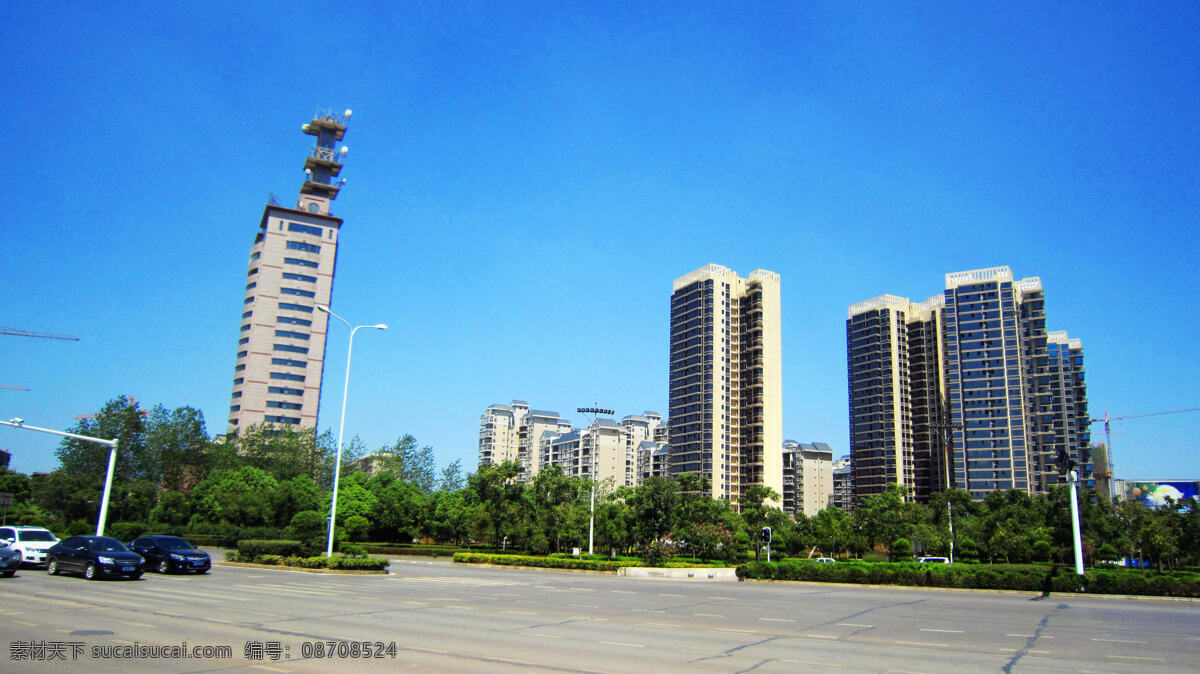 红花 建筑 建筑景观 蓝天 路灯 绿叶 汽车 湘潭 风光图片 湘潭风光 树木 道路指挥灯 自然景观 家居装饰素材 灯饰素材