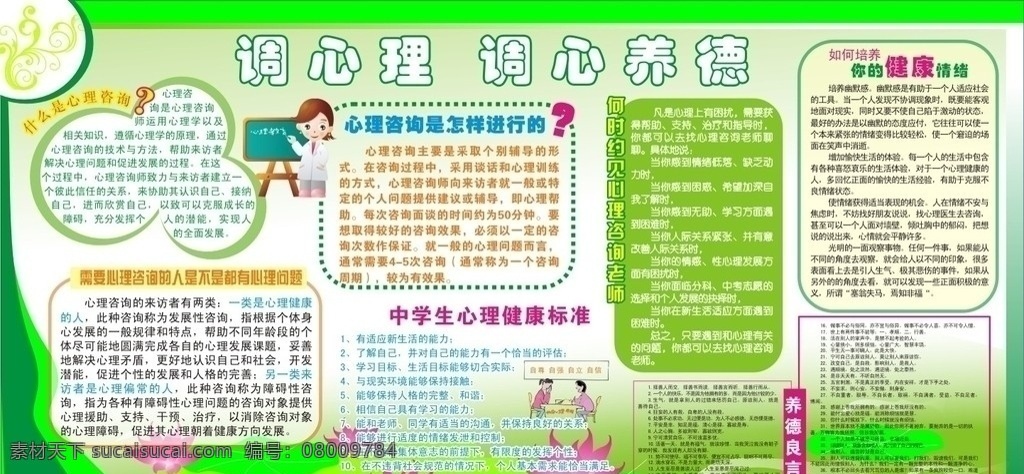 心理健康 学校展版 调心养德 中学生 心理健康标准 心理咨询 展板模板 矢量