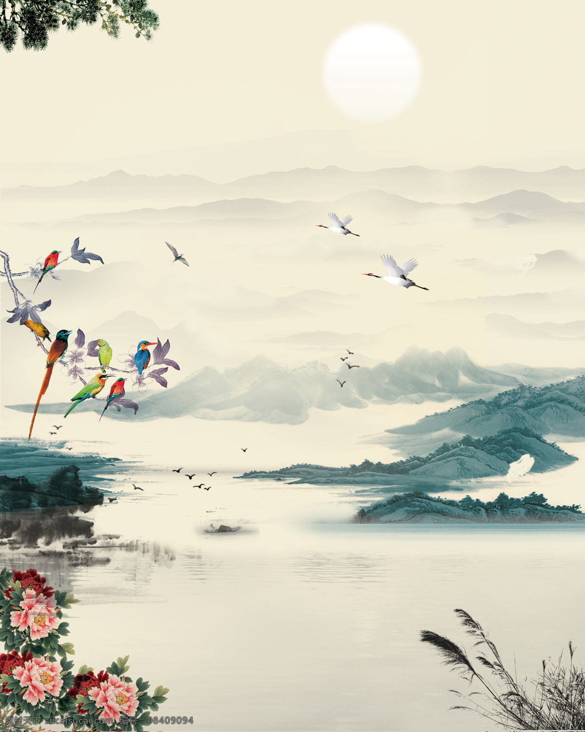 船 底纹边框 古典背景 鹤 花鸟 绘画 墨迹 牡丹 山 山水 水墨 松树 枯草 书法 装饰背景 移门 设计素材 移门图案 家居装饰素材