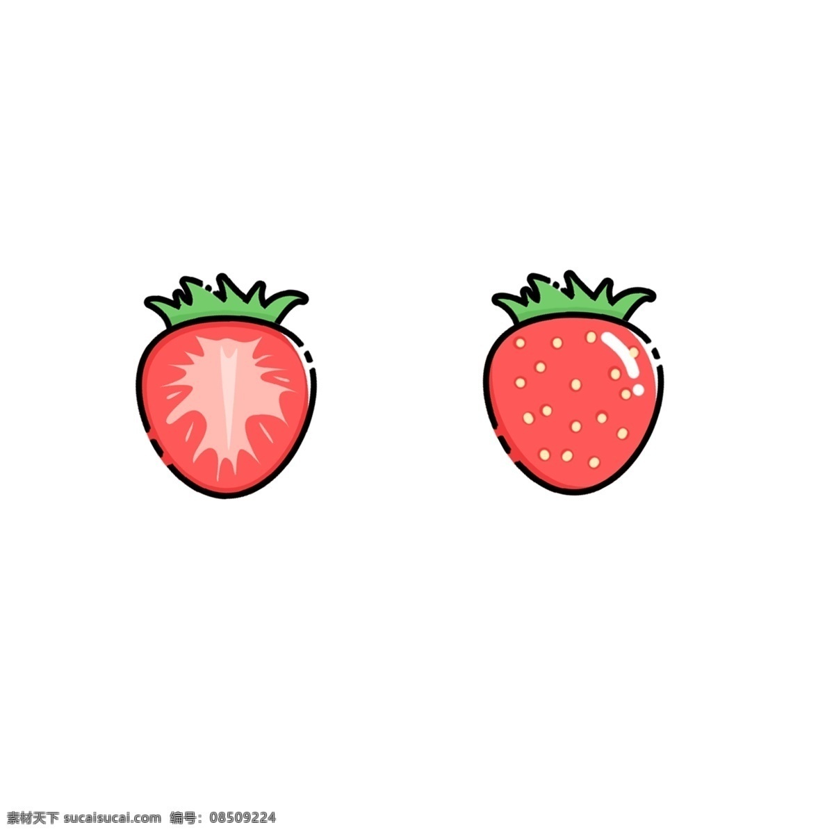 卡通 矢量 草莓 水果 红色 儿童画 扁平化 手绘 树叶 简约 绿色 食物